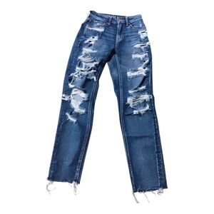 American Eagle Stretch Mom Jeans Blue Denim Size 00 Regular Distressed
